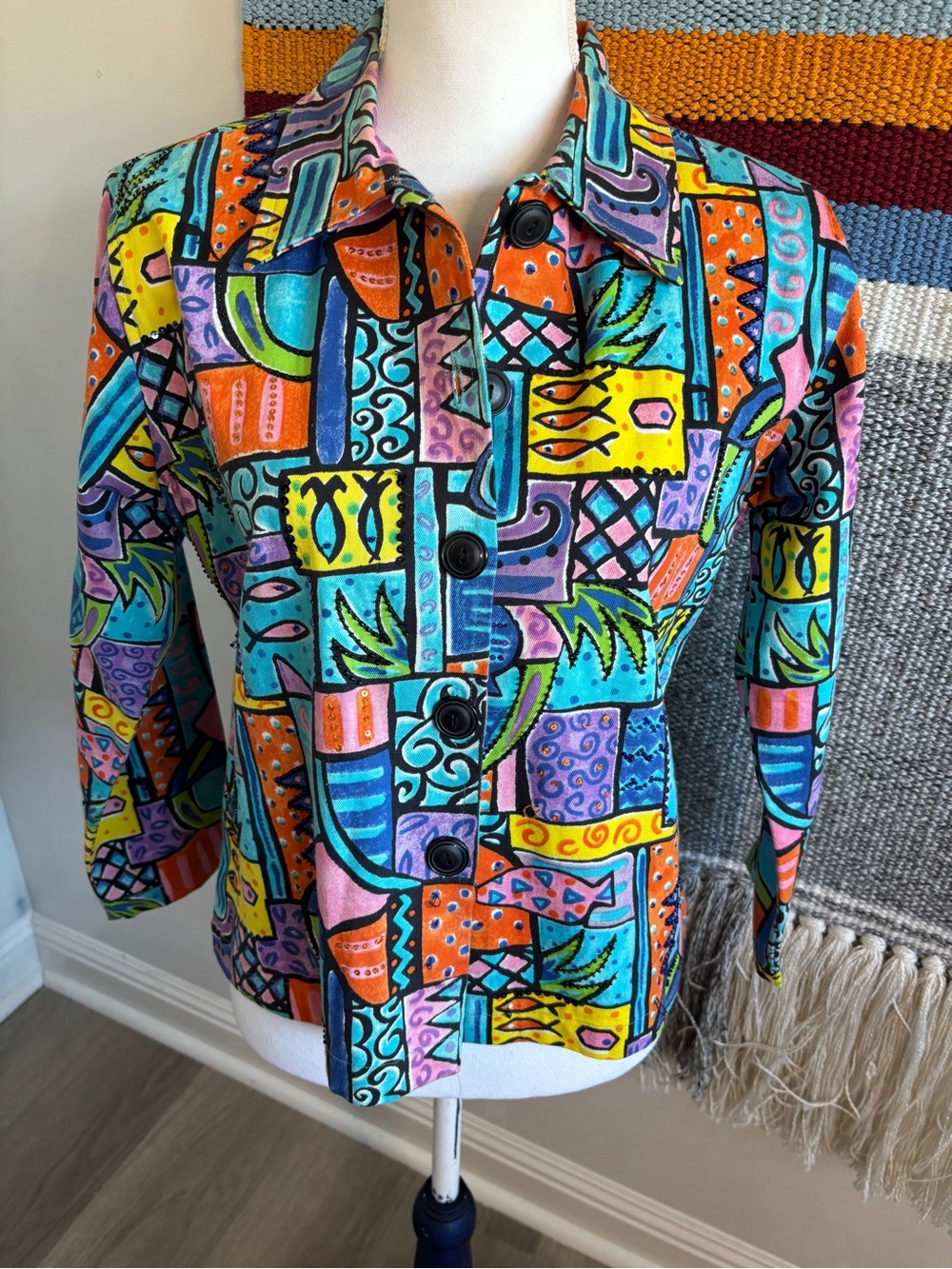 Vintage Multicolor Geometric Artsy Jean Jacket